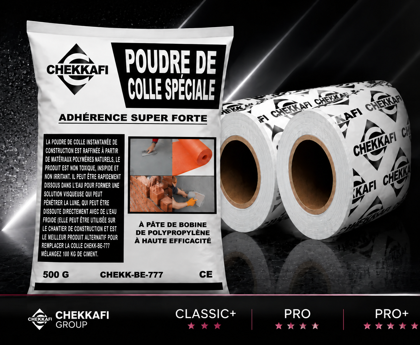 Sachet Colle CG 500 g présenté avec des rouleaux de membrane Chekkafi Group à face blanche