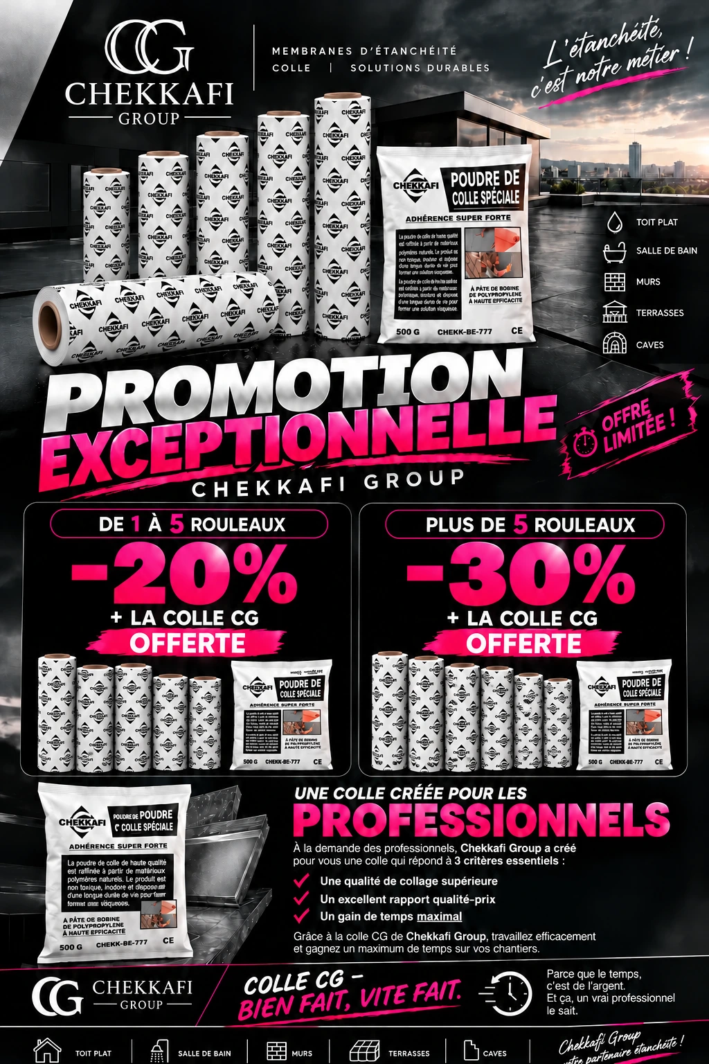 Promotion Chekkafi Group : 20 % de réduction pour 1 à 5 rouleaux et 30 % pour plus de 5 rouleaux