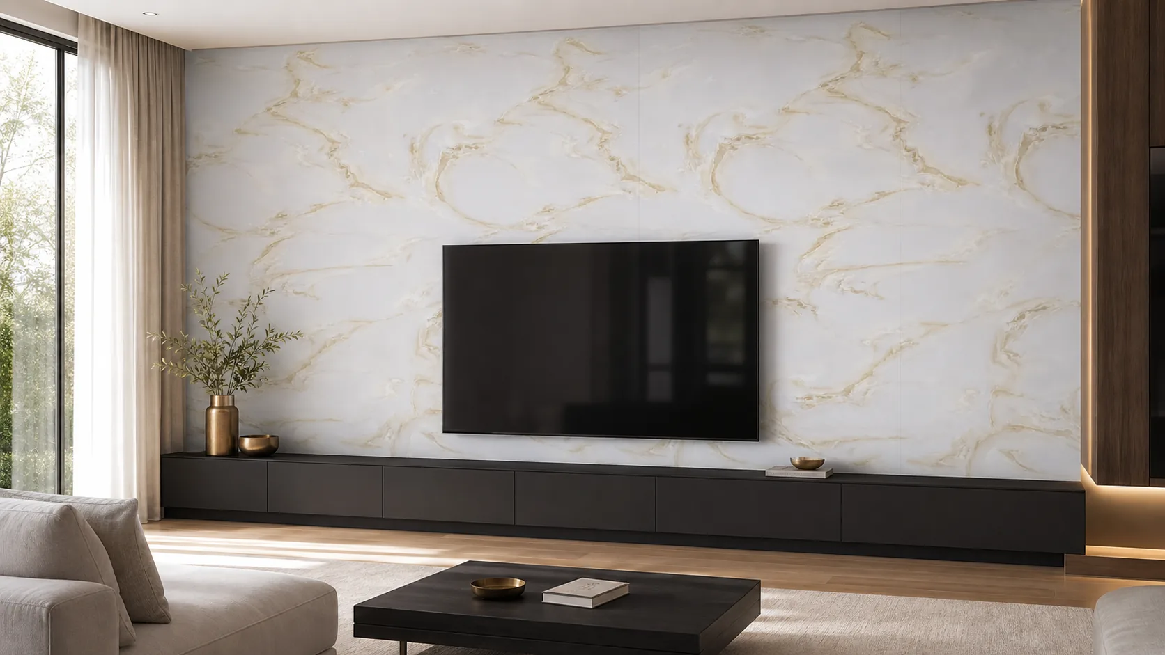 Marbre mural Calacatta Lumière utilisé pour un mur télévision