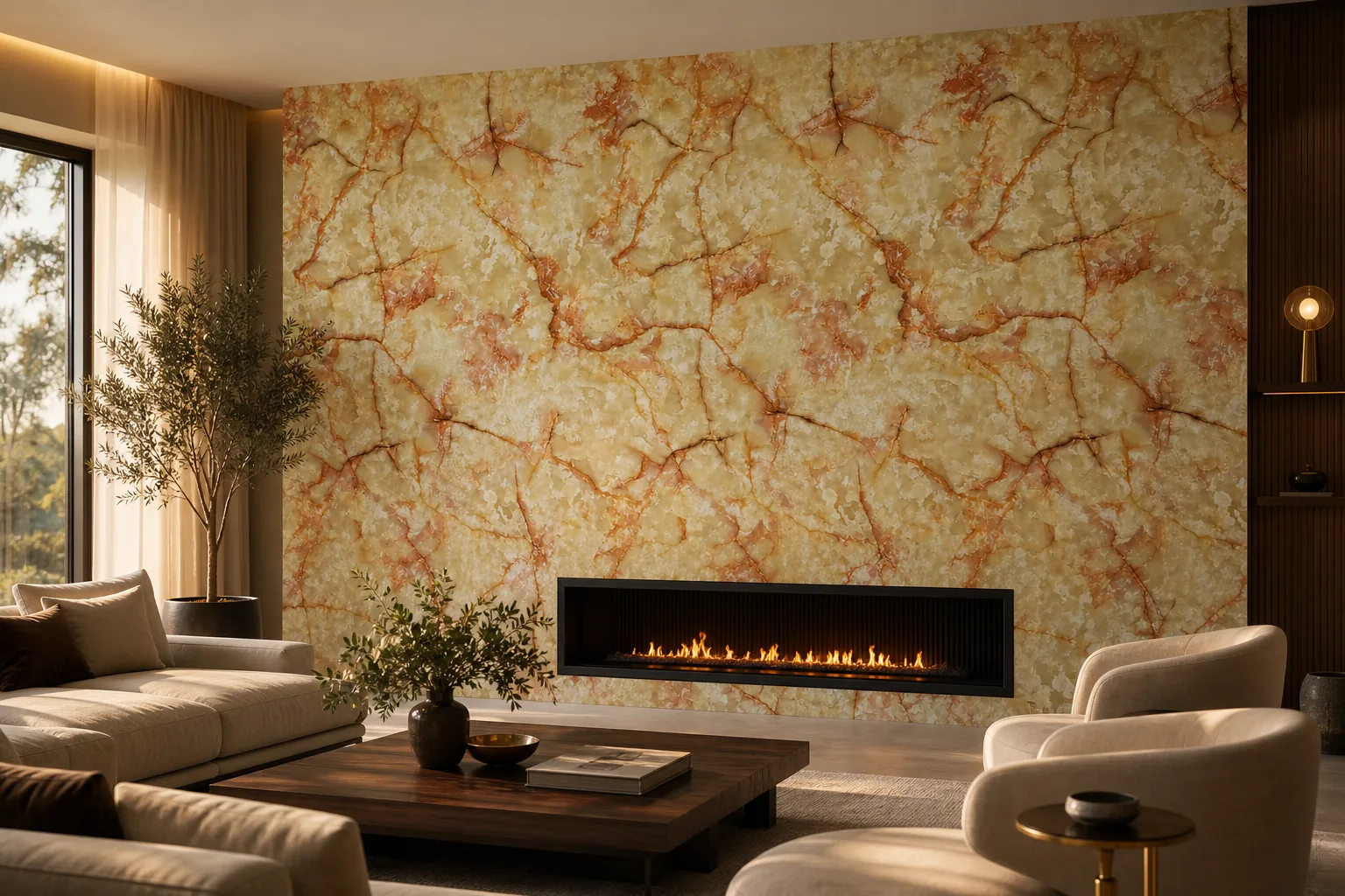 Marbre mural Ambre Impérial autour d’une cheminée