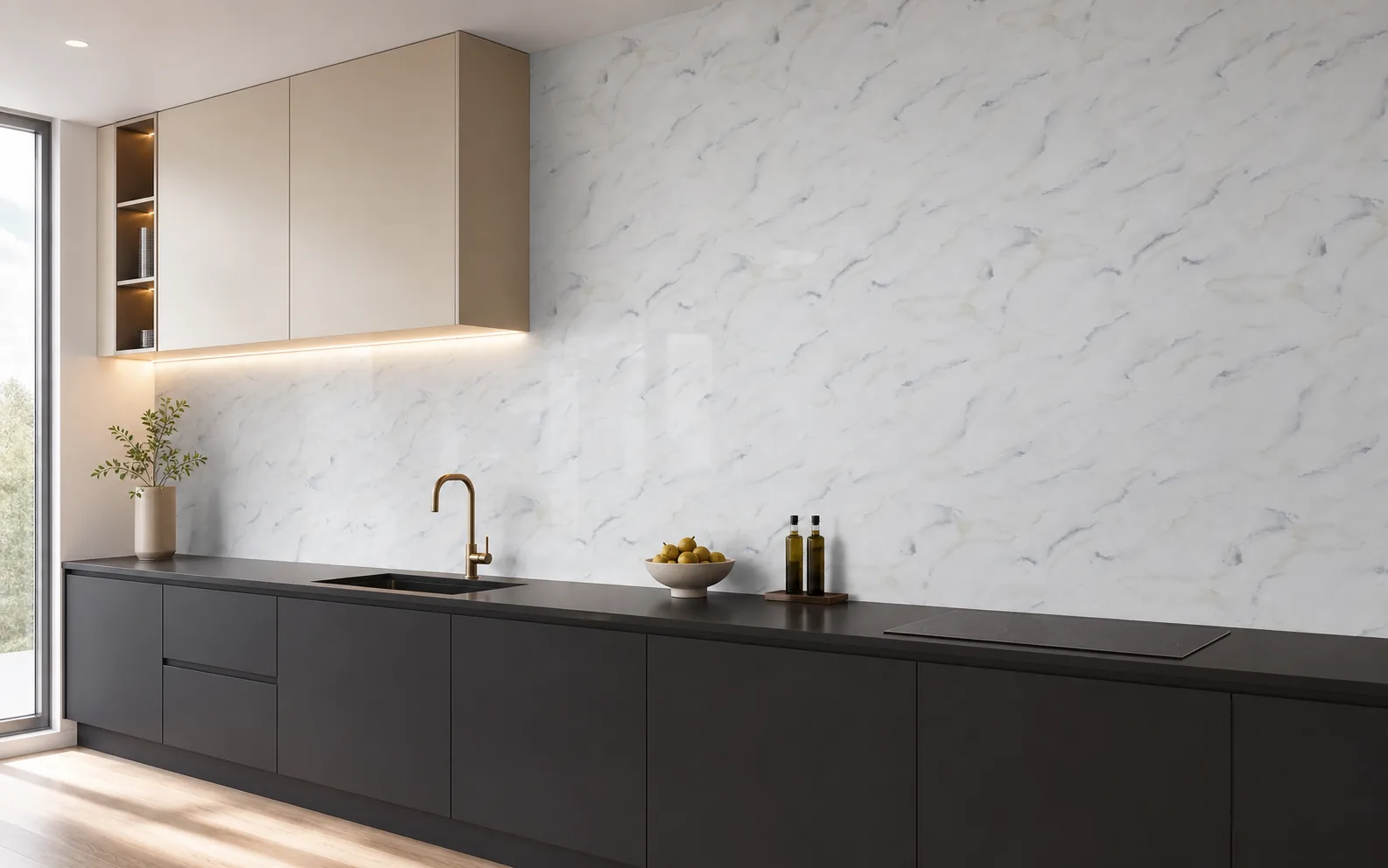 Marbre mural Neige Argentée dans une cuisine moderne