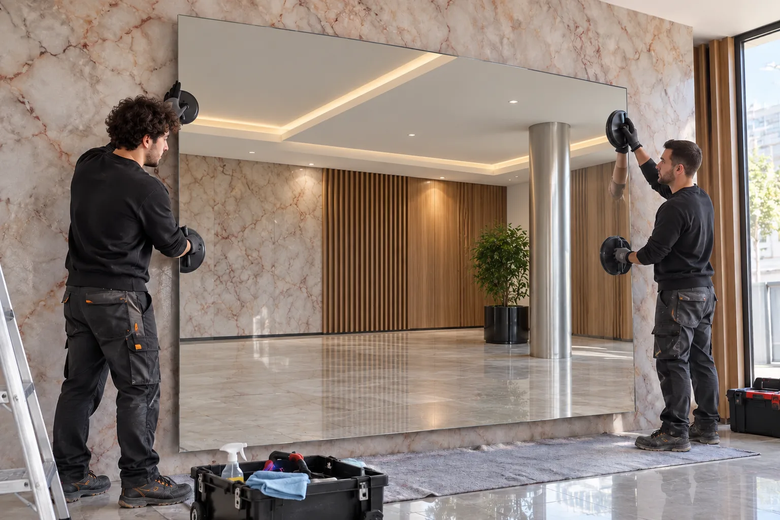 Deux constructeurs installent un miroir incassable de grand format
