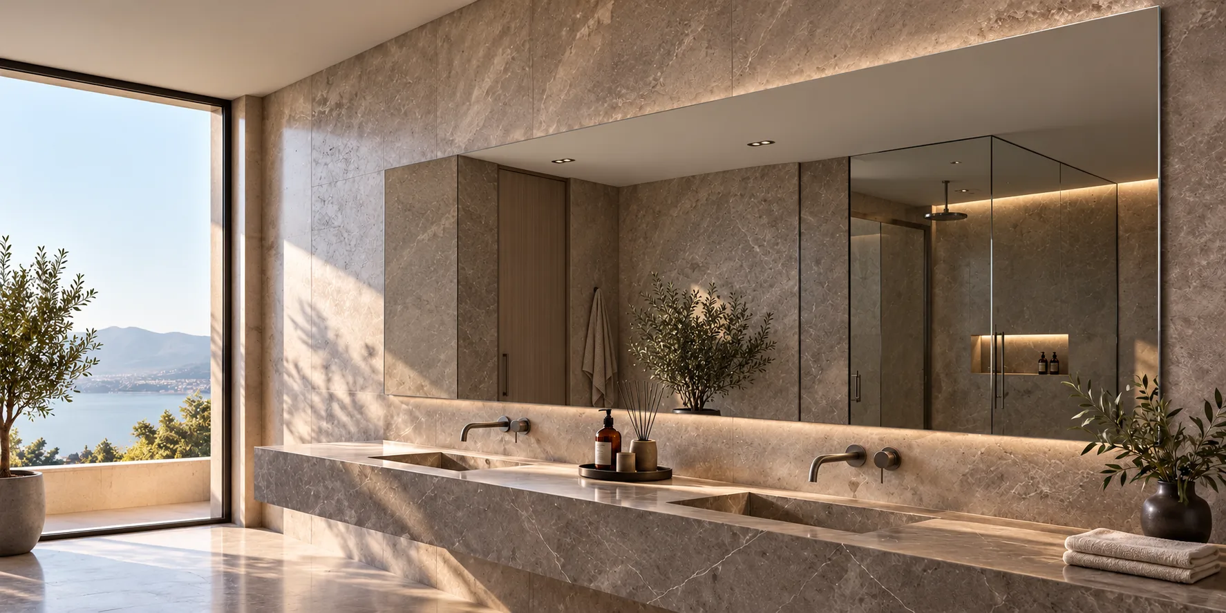 Grand miroir incassable de 3 mètres installé dans une salle de bain contemporaine