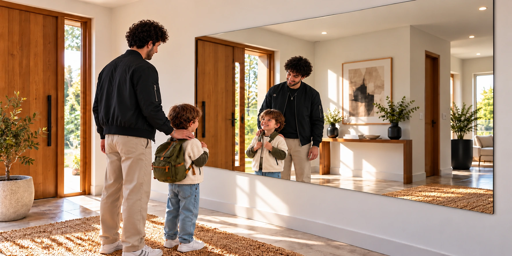 Grand miroir incassable dans une entrée familiale avec un enfant